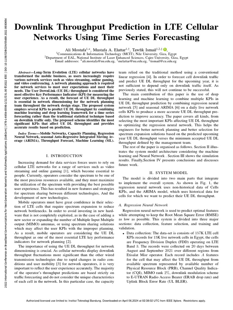 Downlink Throughput Prediction in LTE Cellular Networks Using Time ...