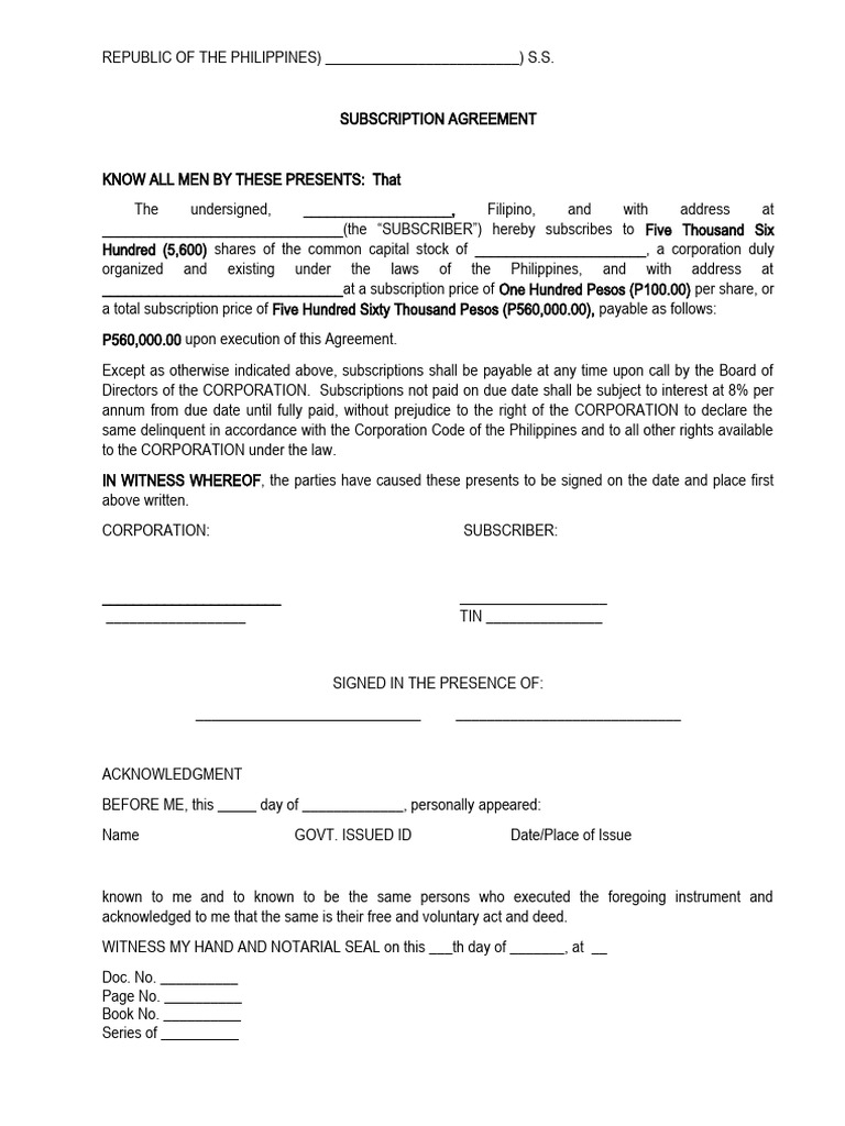 Subscription Agreement Pdf