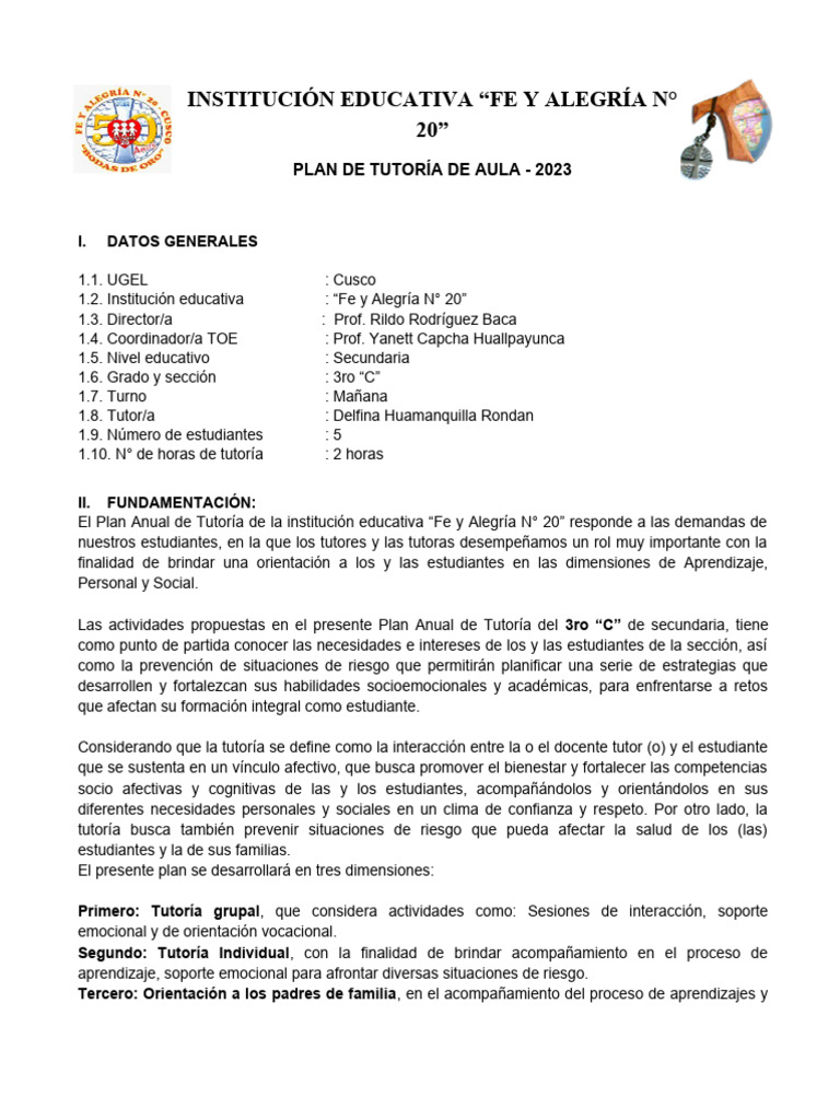 Plan de Tutoría 2023 - Fe y Alegría 20 | PDF | Aprendizaje | Evaluación