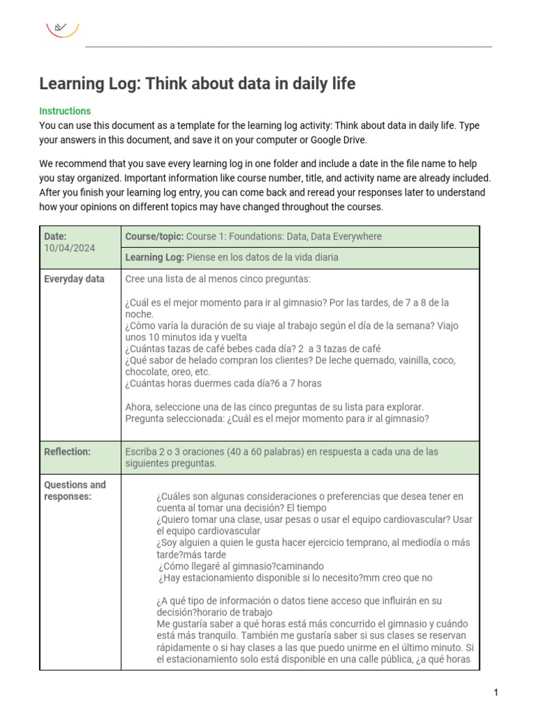Example - Learning Log - Think About Data in Daily Life | PDF