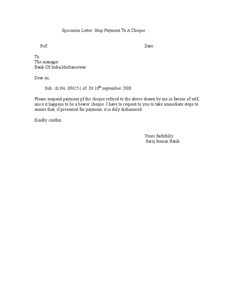 Stop Payment Request for Bearer Cheque | PDF