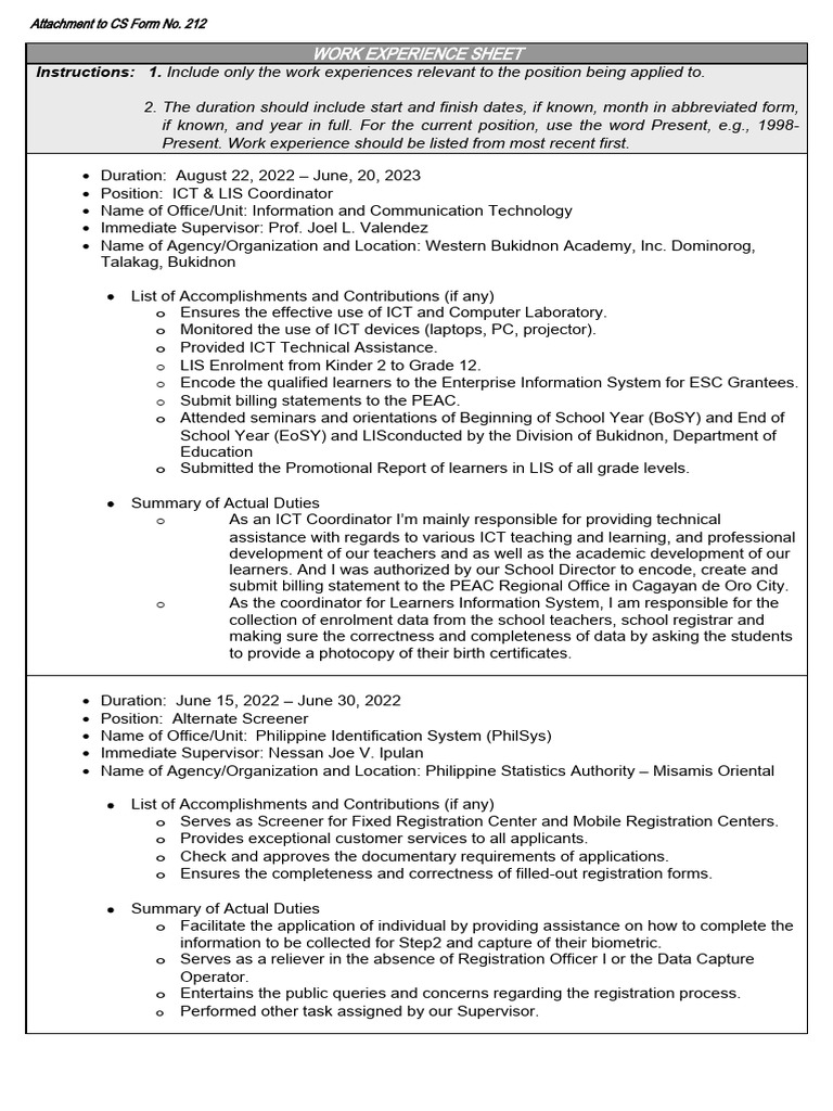Work experience sheet pdf information and communications technology