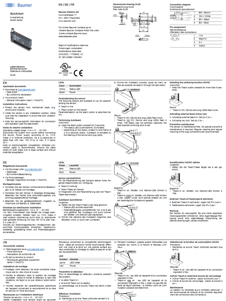 Baumer OL05 EN-DE-FR-ES-IT-ZH V2 QSG 11702849 | PDF
