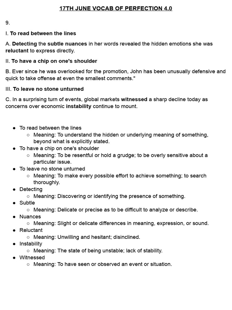 17TH June Vocab of Perfection 4.0 | PDF | Adjective | Verb