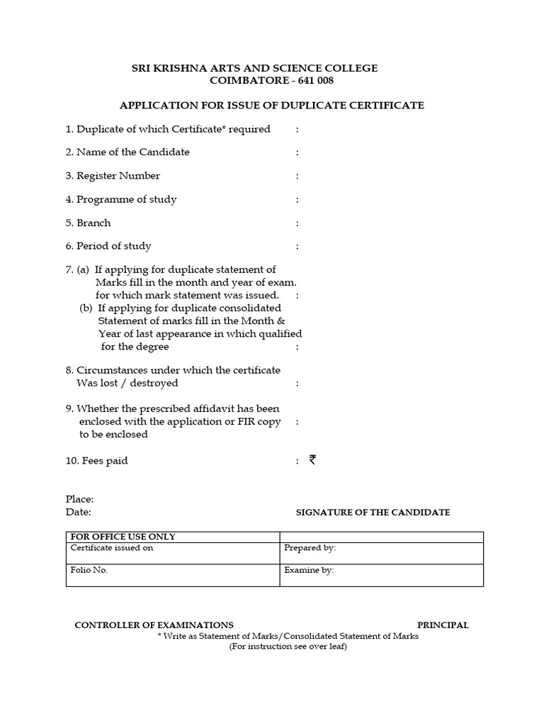 Duplicate Certificate Application Form | PDF | Affidavit | Notary Public