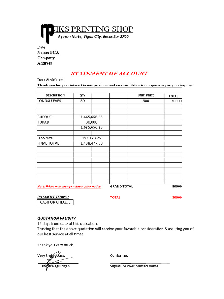 Niks Printing Shop: Statement of Account | PDF | Cheque