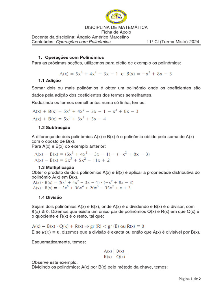 Operações com Polinômios na Matemática | PDF