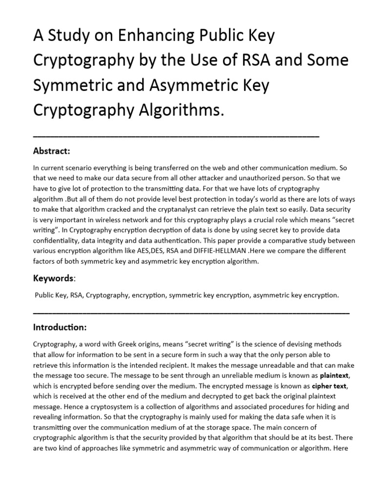 A Study On Enhancing Public Key Cryptography by The Use of RSA and Some ...