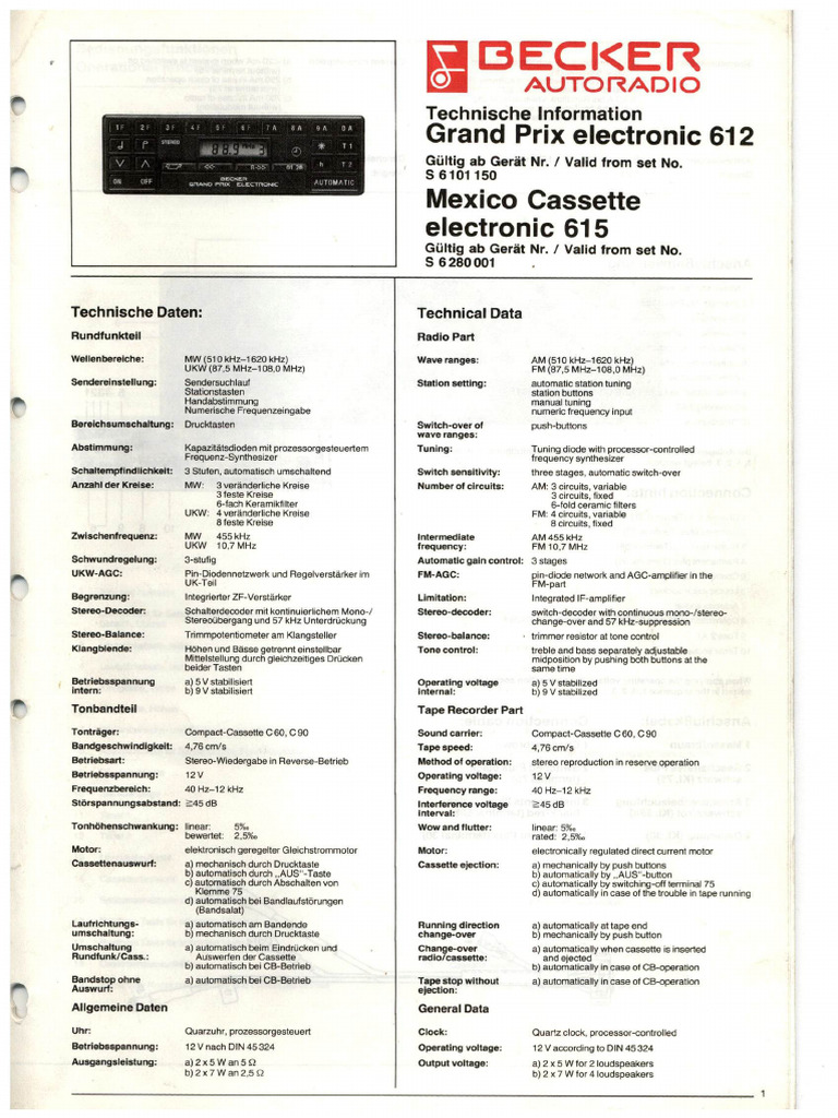 Becker Grand Prix 612 Service Manual | PDF