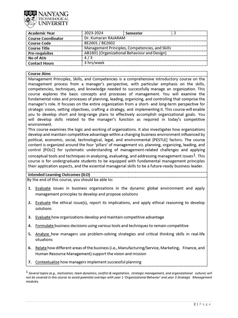 BE2602 Management Principles Overview | PDF | Strategic Management ...