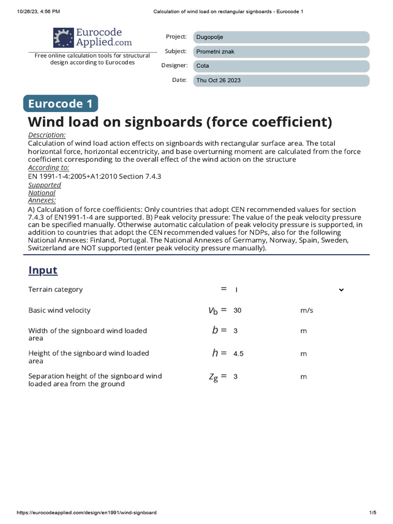 Calculation of wind load on rectangular signboards - Eurocode 1 ...