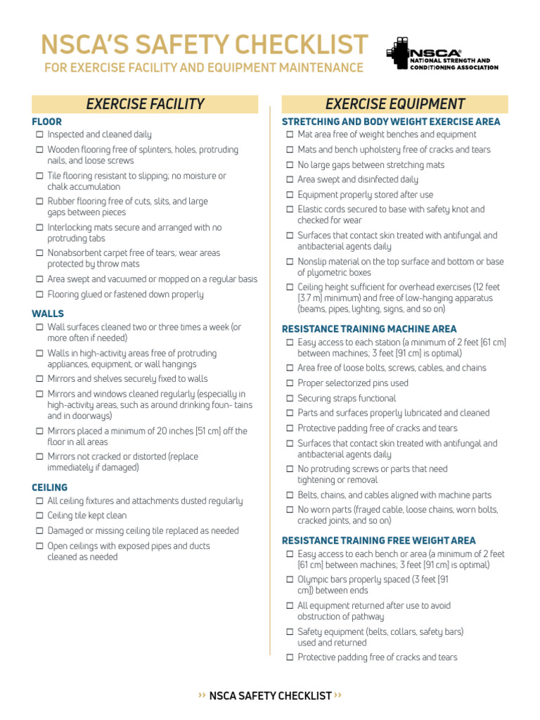 NSCA Exercise Facility Safety Checklist | PDF | Screw | Flooring