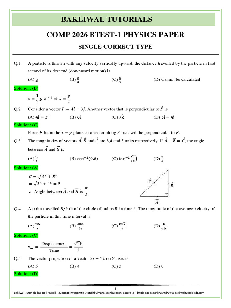 Physics Paper 2026: Btest 1 Solutions | PDF | Force | Tension (Physics)