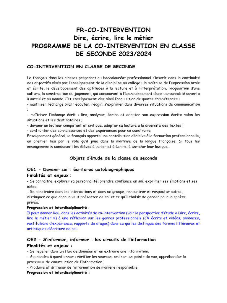 Co-intervention en Français 2nde Pro | PDF | la communication ...