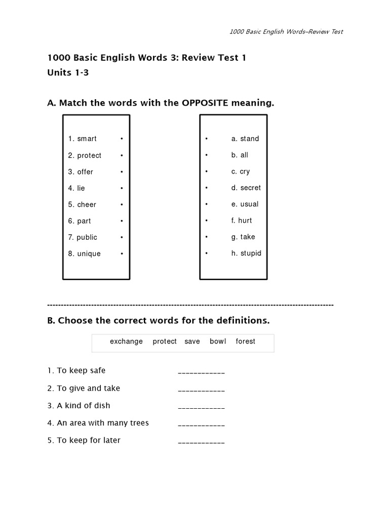 1000 Basic English Words Review Test | PDF | English Language