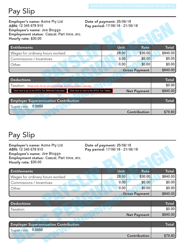 Simple Australian Pay Slip PDF Taxes Employment