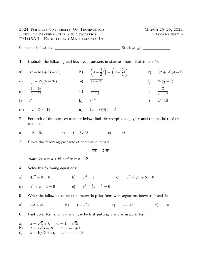 Worksheet 6 pdf complex number square root
