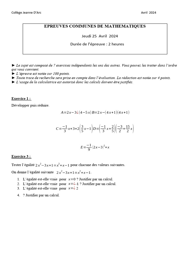 Épreuve commune maths 4ème 2024 | PDF | Mathématiques | Mathématiques ...