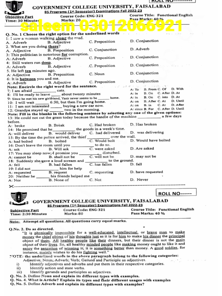 Bs Physics 1st Semester Past Papers 2022-23 Saleem 03012066921 | PDF
