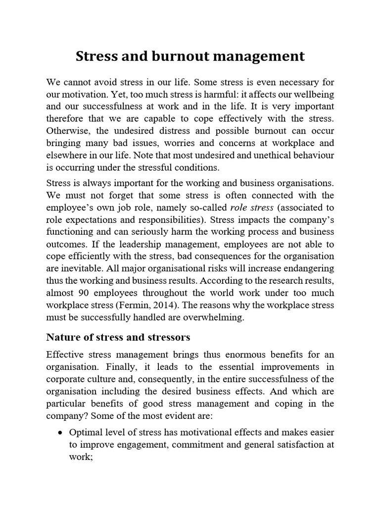 Managing Workplace Stress and Burnout | PDF | Stress (Biology ...