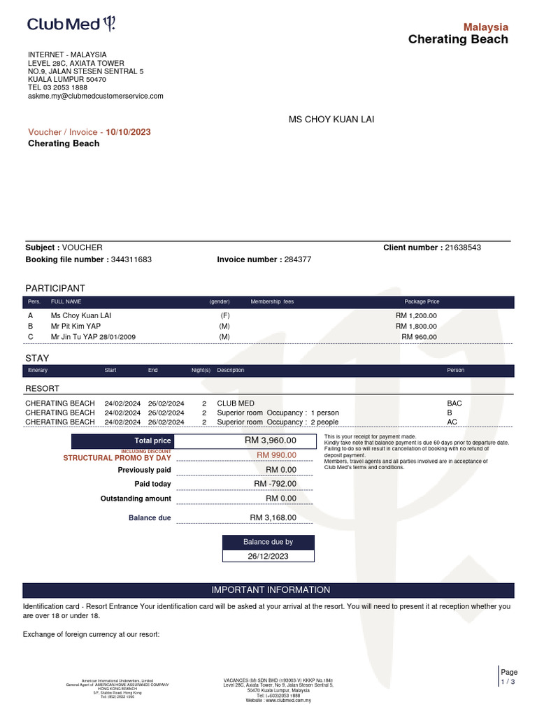 CTR-Club Med Booking Confirmation - MS CHOY KUAN LAI - File344311683 ...