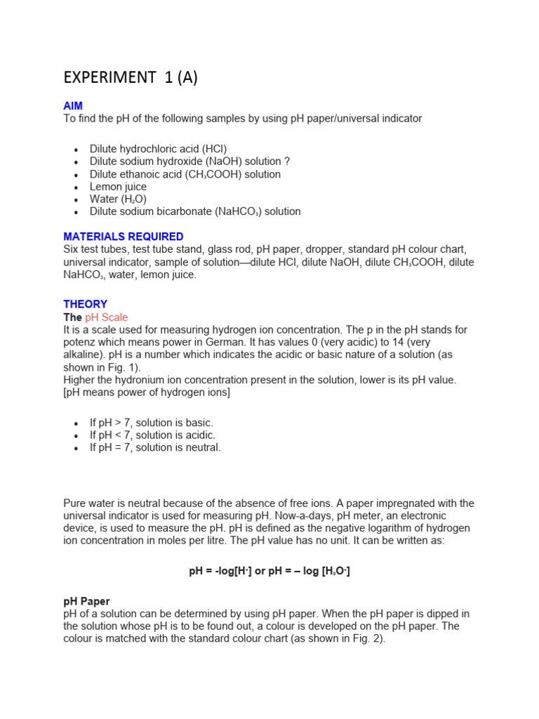 Class 10 Chemistry Practicals Pdf Ph Acid