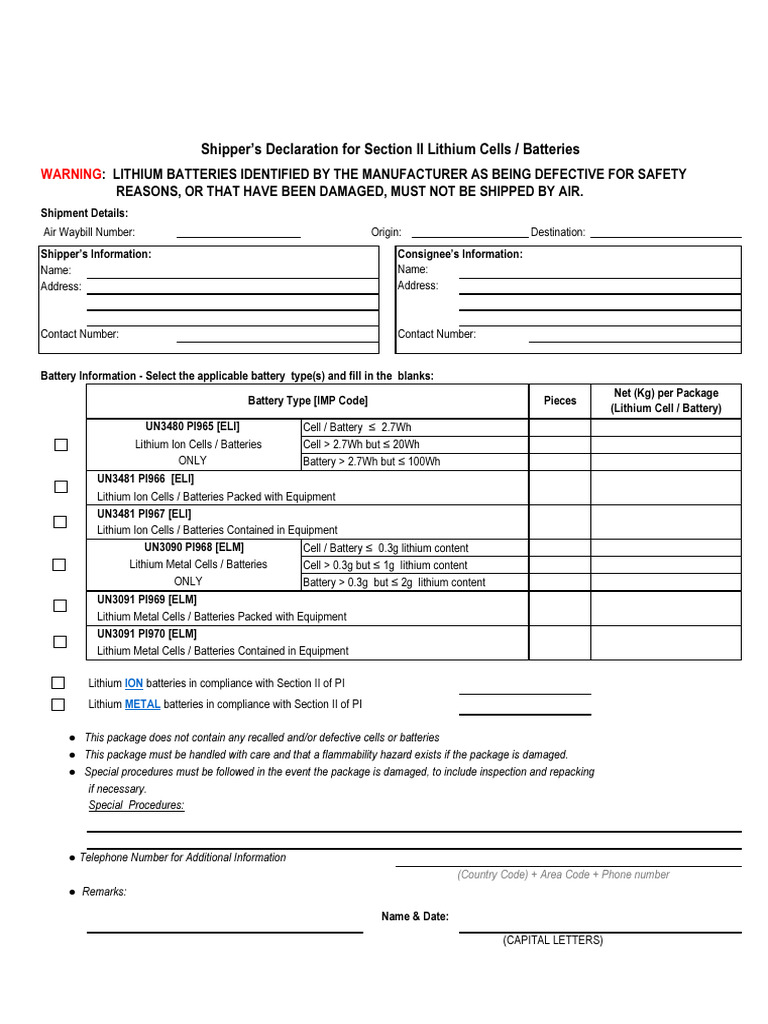 Lithium Battery Shipping Declaration Form | PDF | Lithium Ion Battery ...