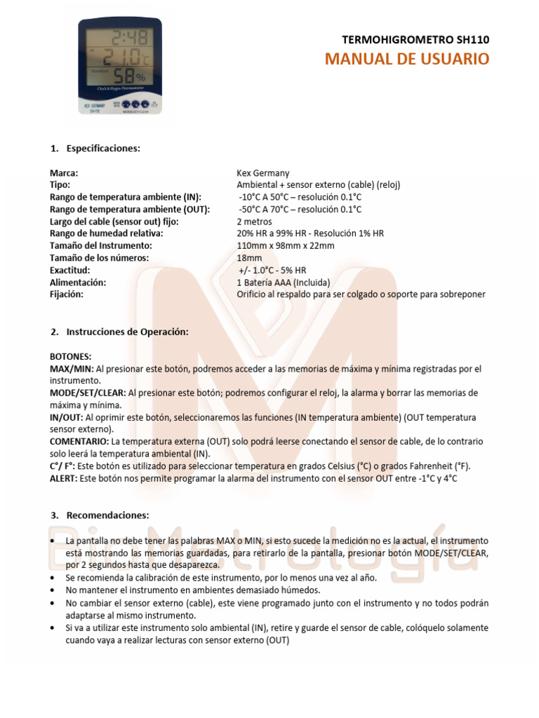 Manual Usuario - Termohigrómetro SH-110 | PDF | Temperatura | Sensor