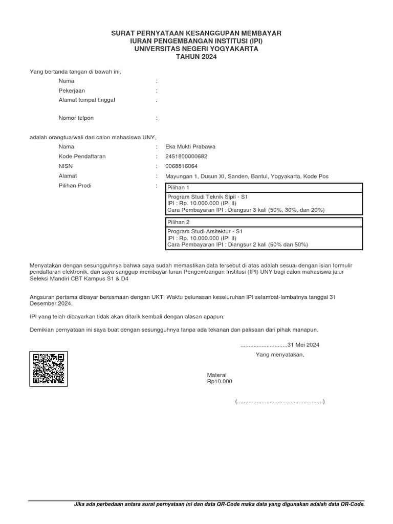 Surat Pernyataan Kesanggupan IPI UNY | PDF | Pengelolaan Keuangan & Uang