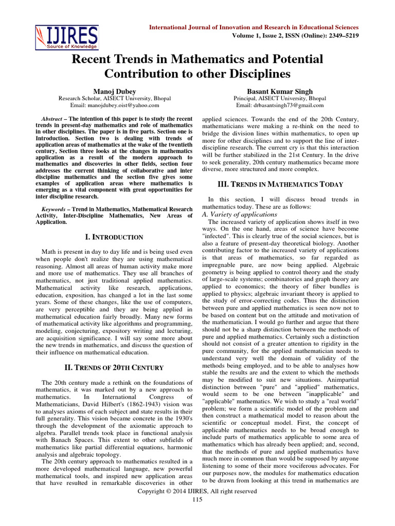 Recent Trends in Mathematics and Potential Contribution To Other ...