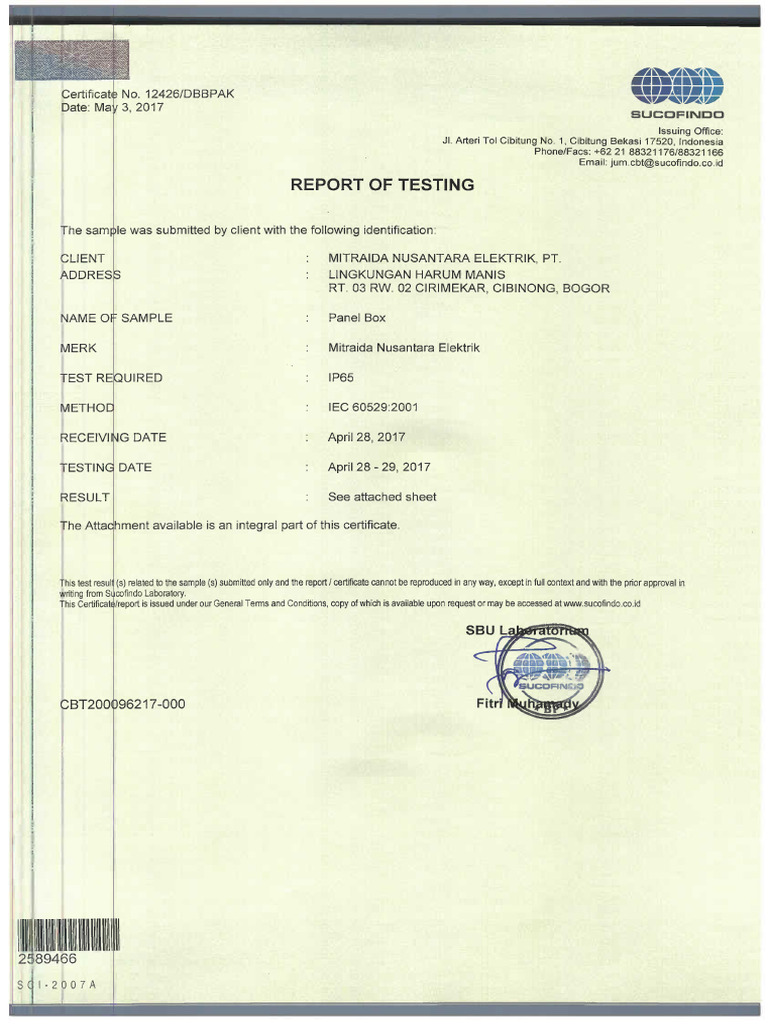 IP65 Certification Report 12426/DBBPAK | PDF