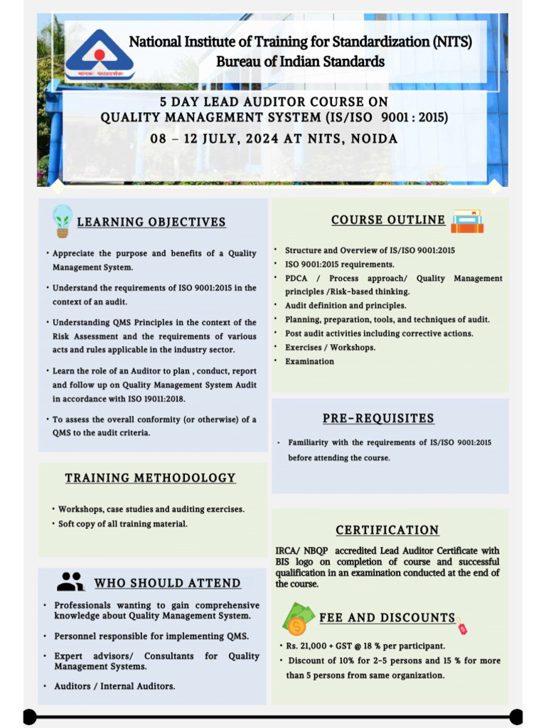 Lead Auditor Courses On Quality Management System As Per ISISO 9001