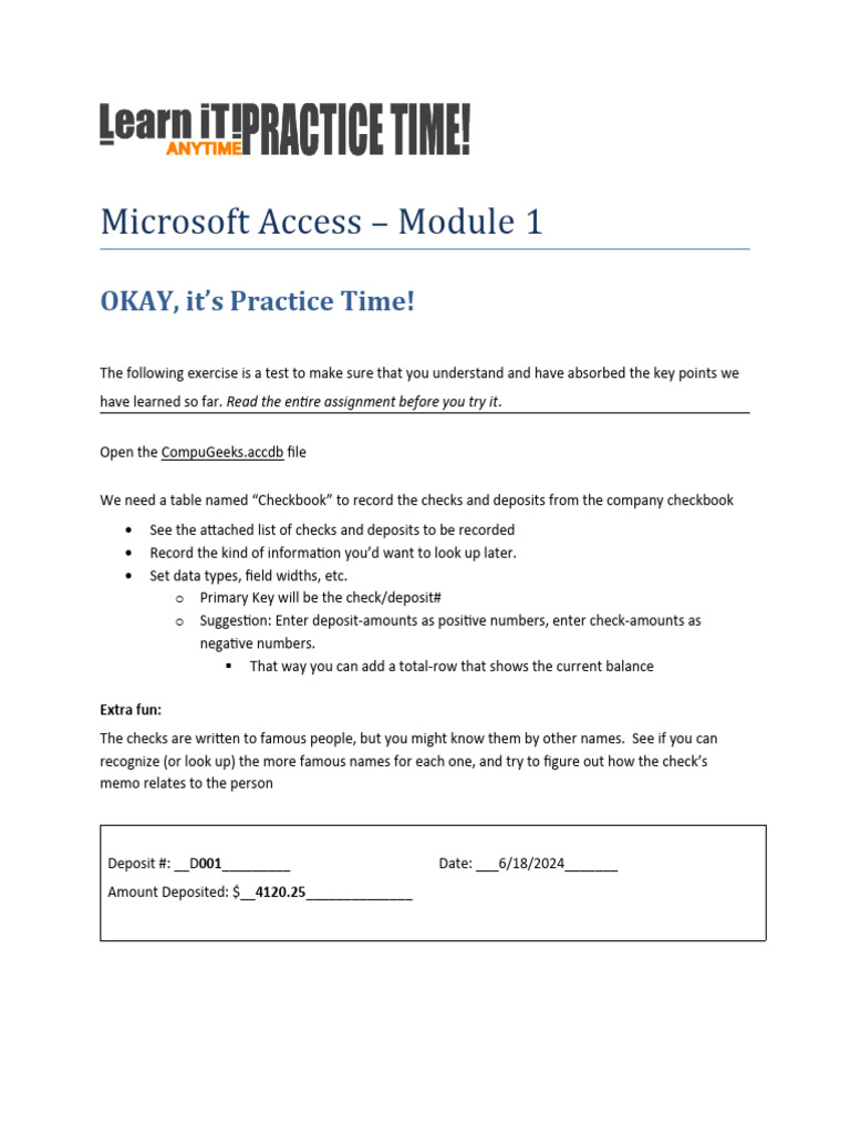 Microsoft Access Checkbook Module Exercise | PDF | Computing | Software
