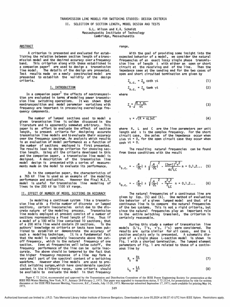 Transmission Line Models For Switching Studies Design Criteria II ...