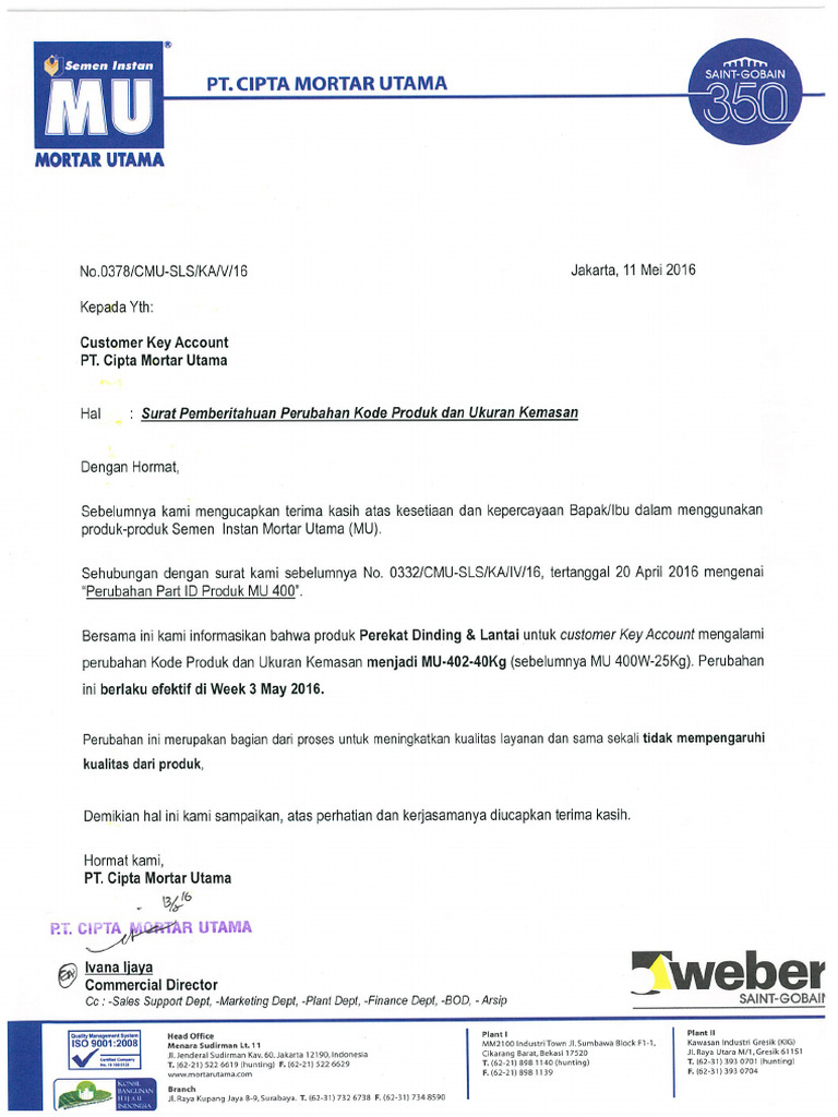0378 - Surat Pemberitahuan Perubahan Part ID Produk MU 402 | PDF