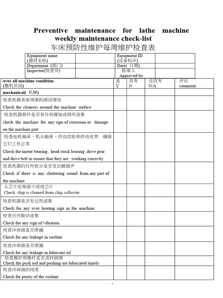 Lathe Machine Maintenance Checklist | PDF | Machines | Manufactured Goods