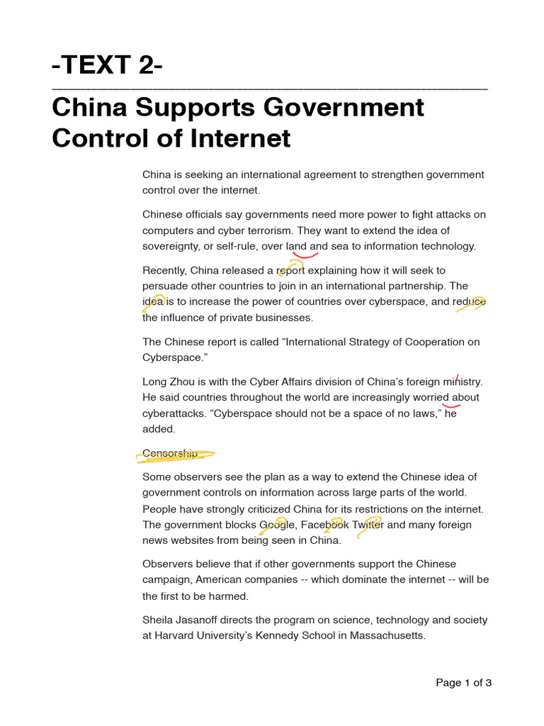 Text 2. China Supports Government Control of Internet | PDF | China ...