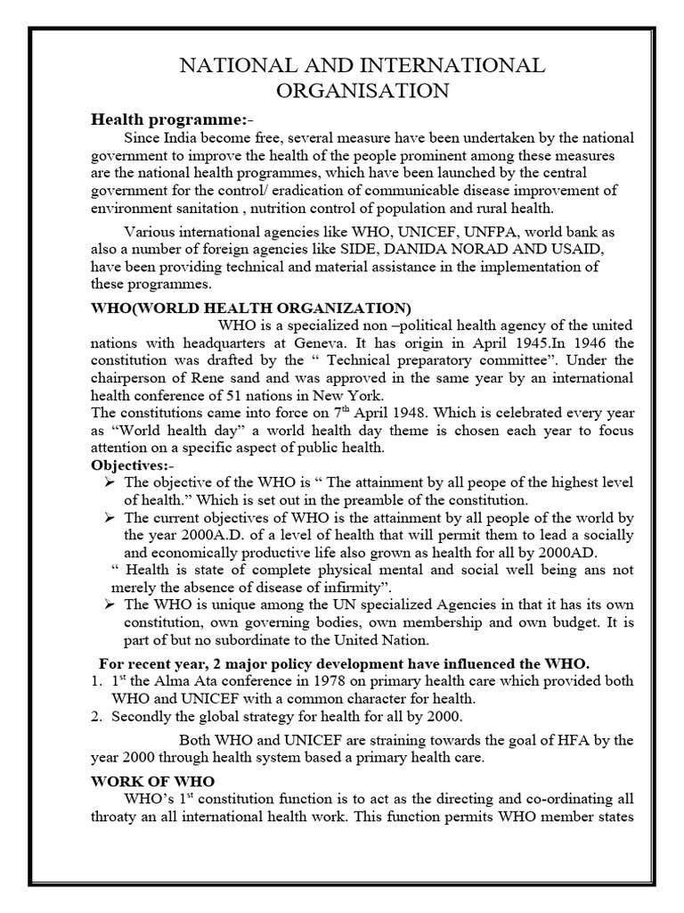 National And International Organisation Pdf World Health
