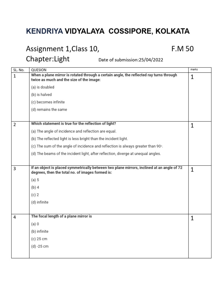 Class 10 Light Assignment Questions | PDF | Mirror | Optics