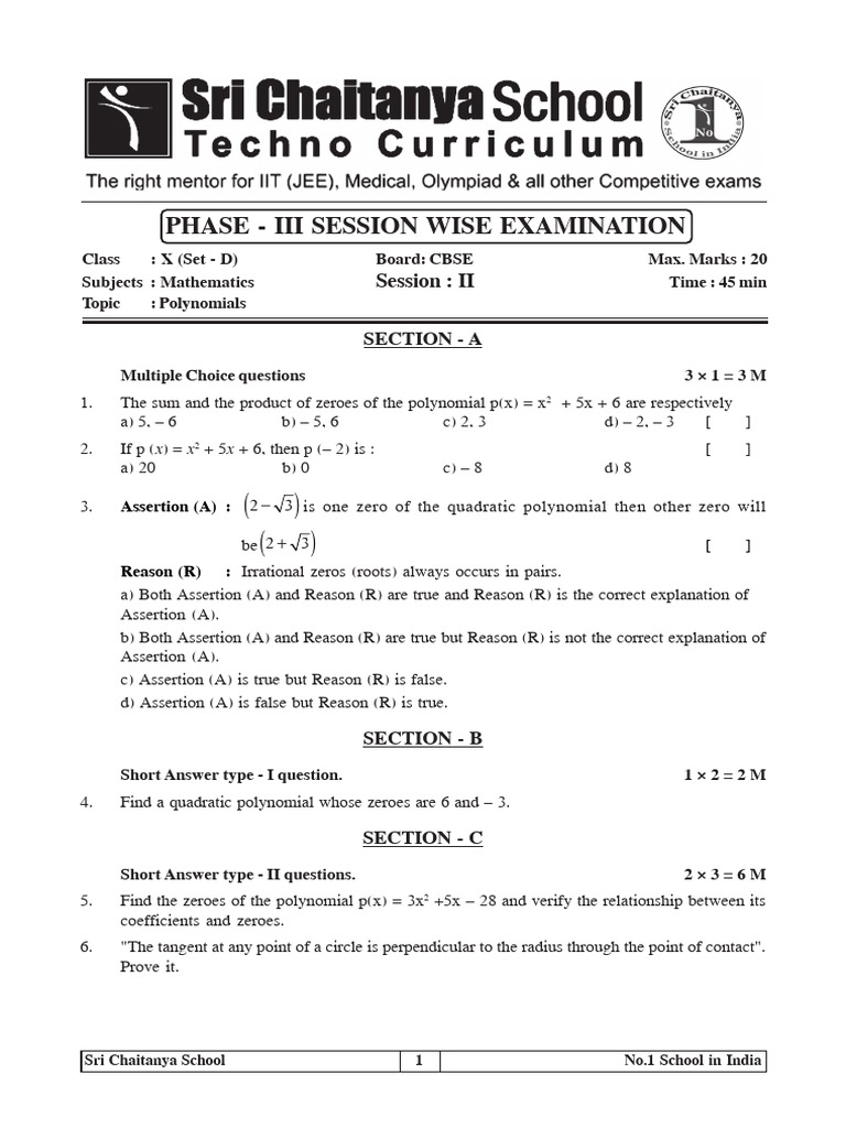 Phase - III Cbse Maths Session - II (Set - D) | PDF | Polynomial | Asana