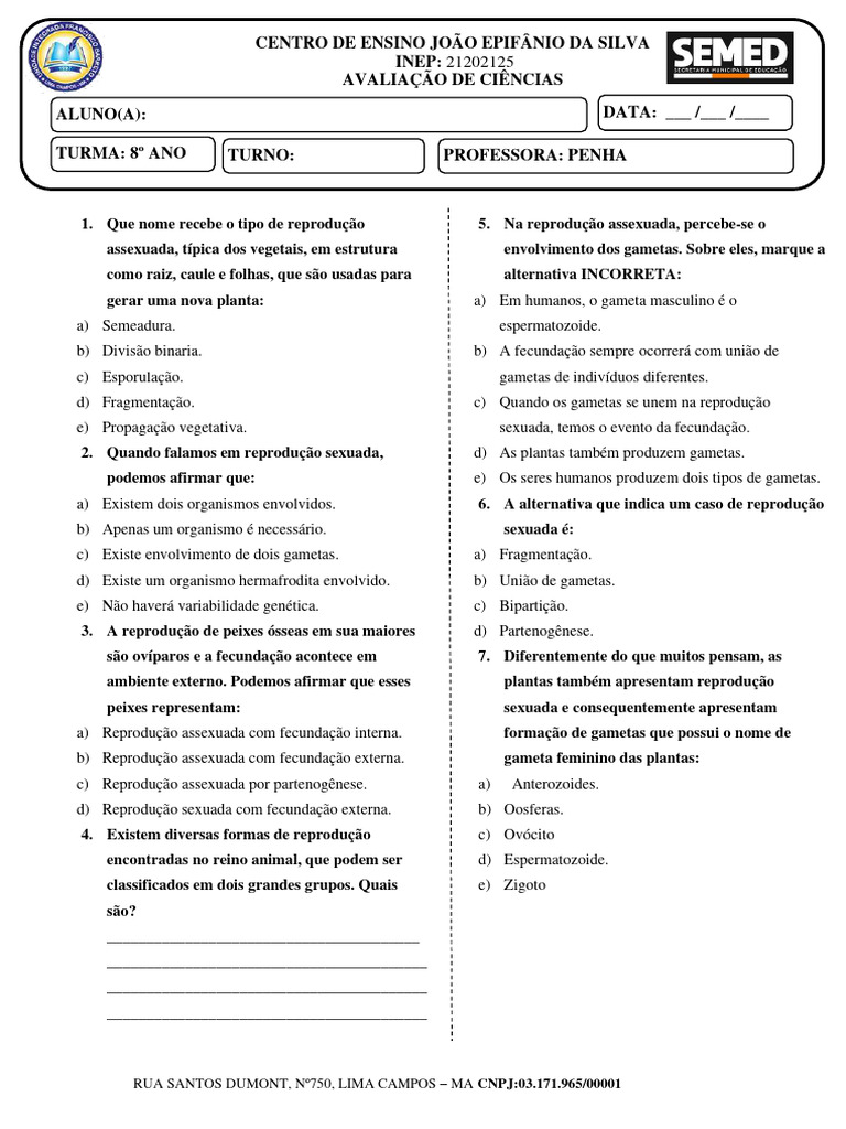 Reprodução Sexuada e Assexuada Ciencias 8º Ano | Download grátis PDF ...