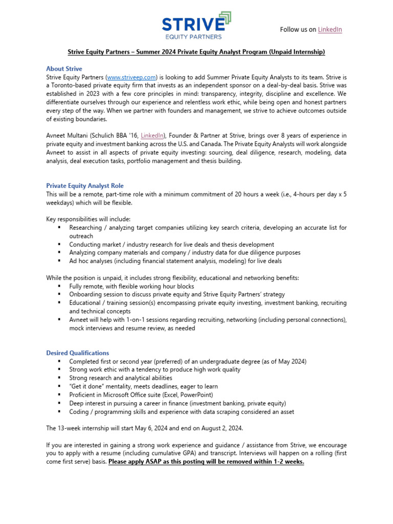 Summer 2024 Private Equity Internship | PDF | Financial Analyst ...