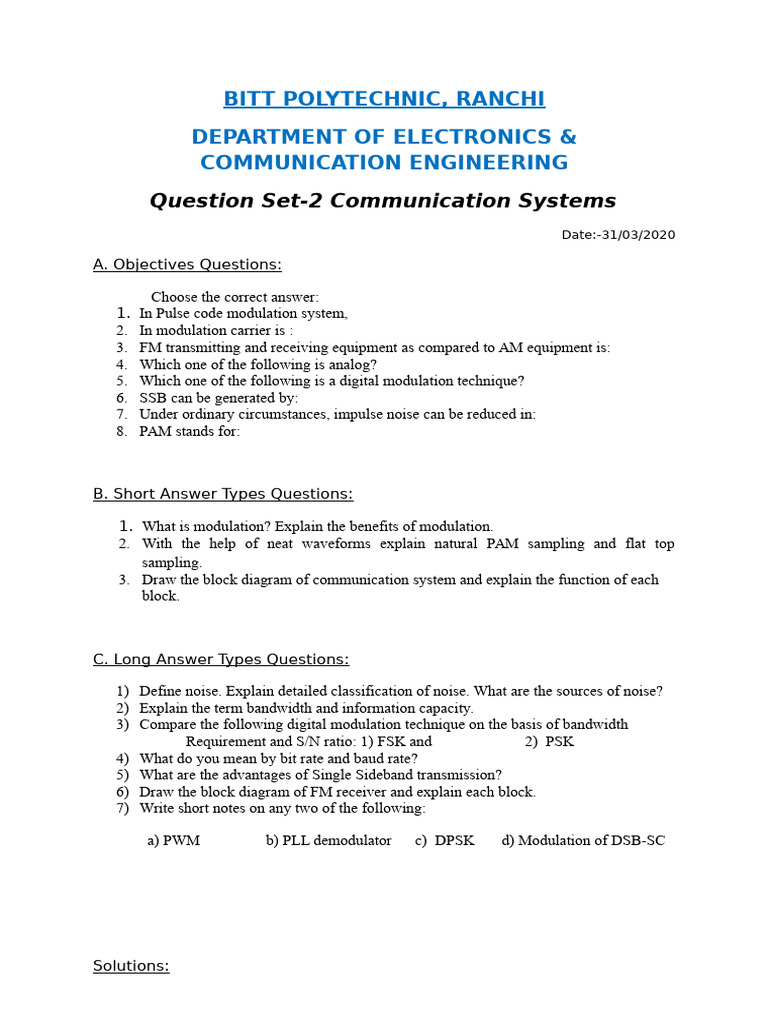 ECE - Question Set-2 Communication Systems | PDF | Modulation ...