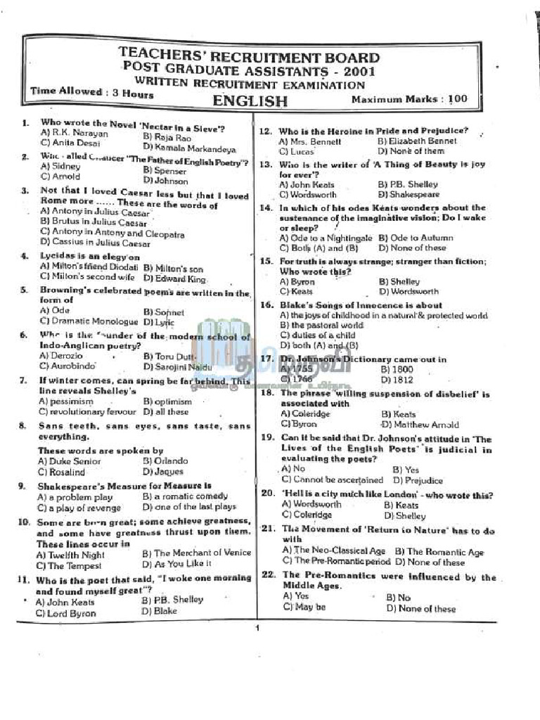 Pg Trb English Original Qutn Paper Pdf English Language