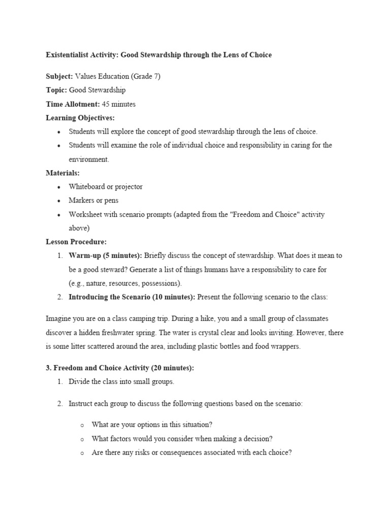 Stewardship Choices in Education | PDF | Existentialism | Lesson Plan