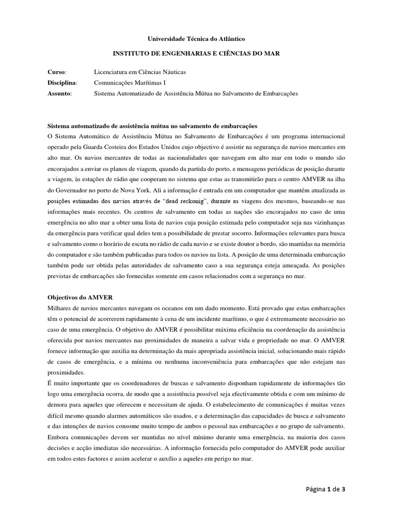 Sistema AMVER: Assistência Marítima Eficiente | PDF | Informação | Rede ...