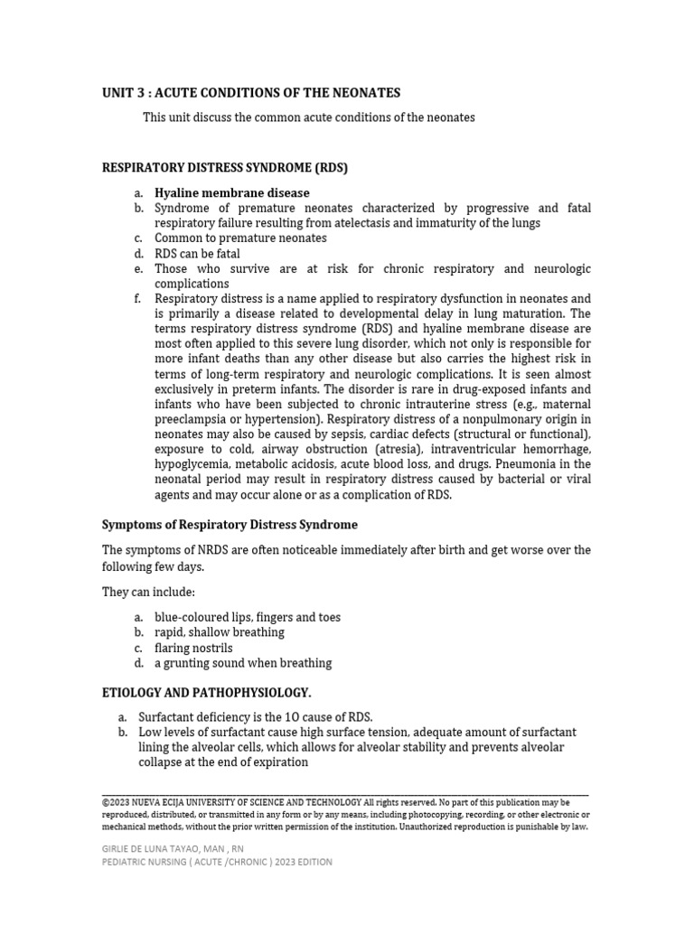 Acute Neonatal Conditions Overview | PDF | Respiratory Diseases ...