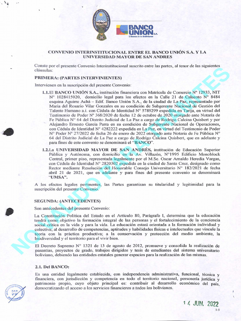 Convenio Interinstitucional Entre El Banco Unión S.A. y La Universidad ...