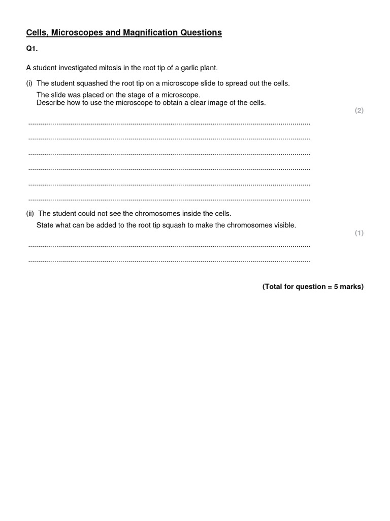 Cells Microscopes and Magnification Exam Questions PDF Cell