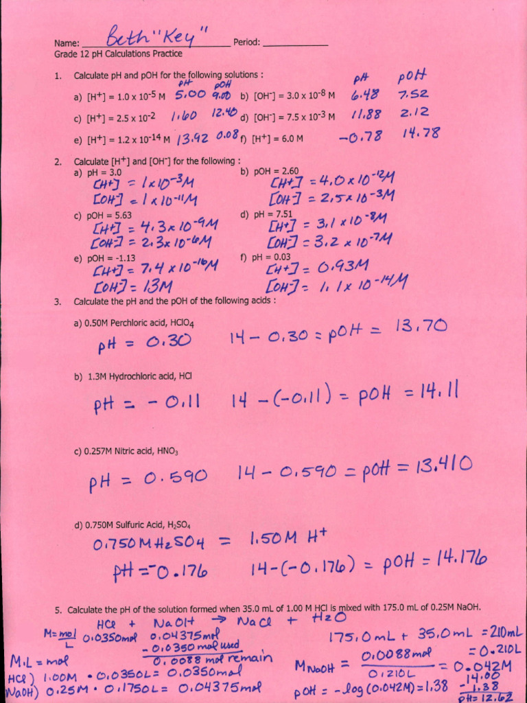 Grade 12 pH Calculation Practice | PDF | Ph | Chemical Substances